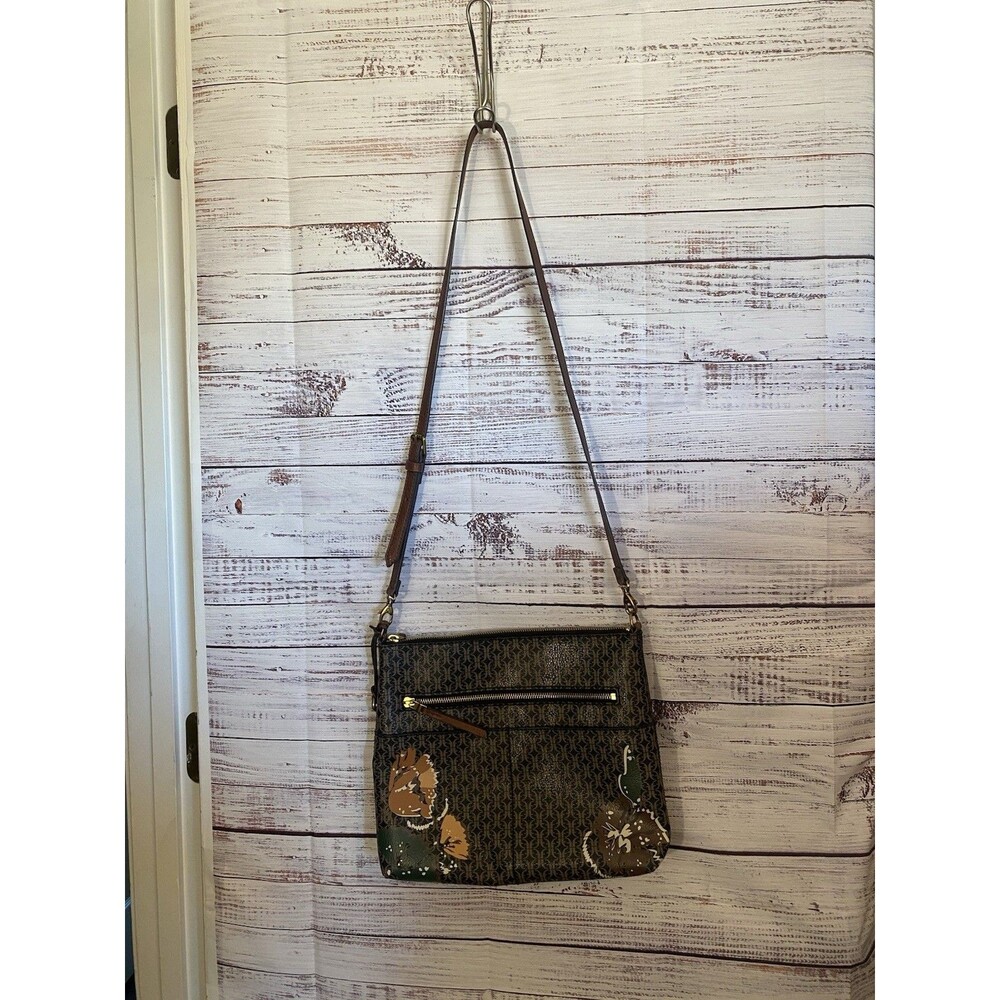 Preowned Fossil Fiona floral black and brown Crossbody with key charm